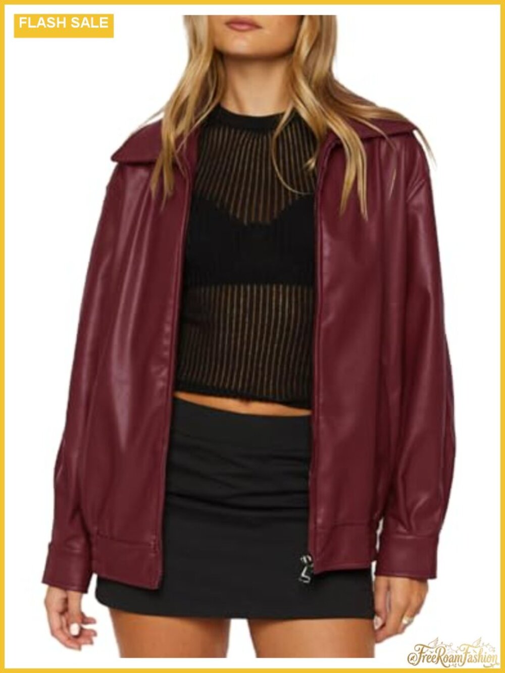 Oversized Faux Leather Bomber Jacket Motocycle Coat with Pockets